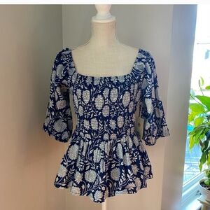 XL Mata Traders Theodora Blue White Ruched Top